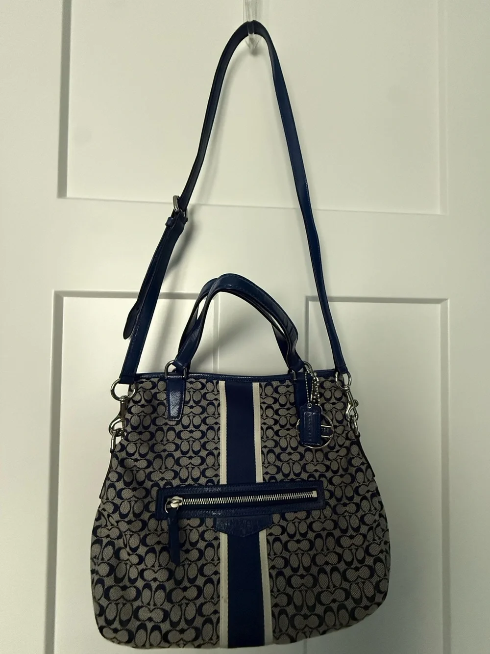 Coach Blue and Tan Signature Stripe Shoulder Bag
